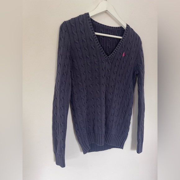 Lauren Ralph Lauren Jumper Pink & Navy Blue Cable Knit - Women's Small V Neck - Picture 2 of 6